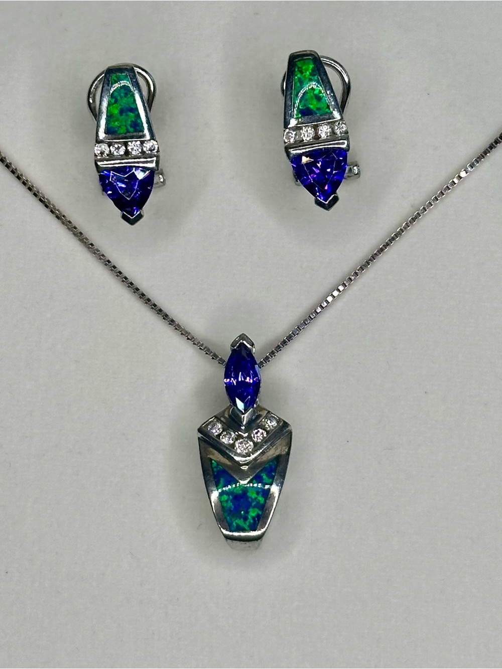 Vintage Sterling Pendant & Earrings Set Opal Inlay Purple Stone Estate Jewelry